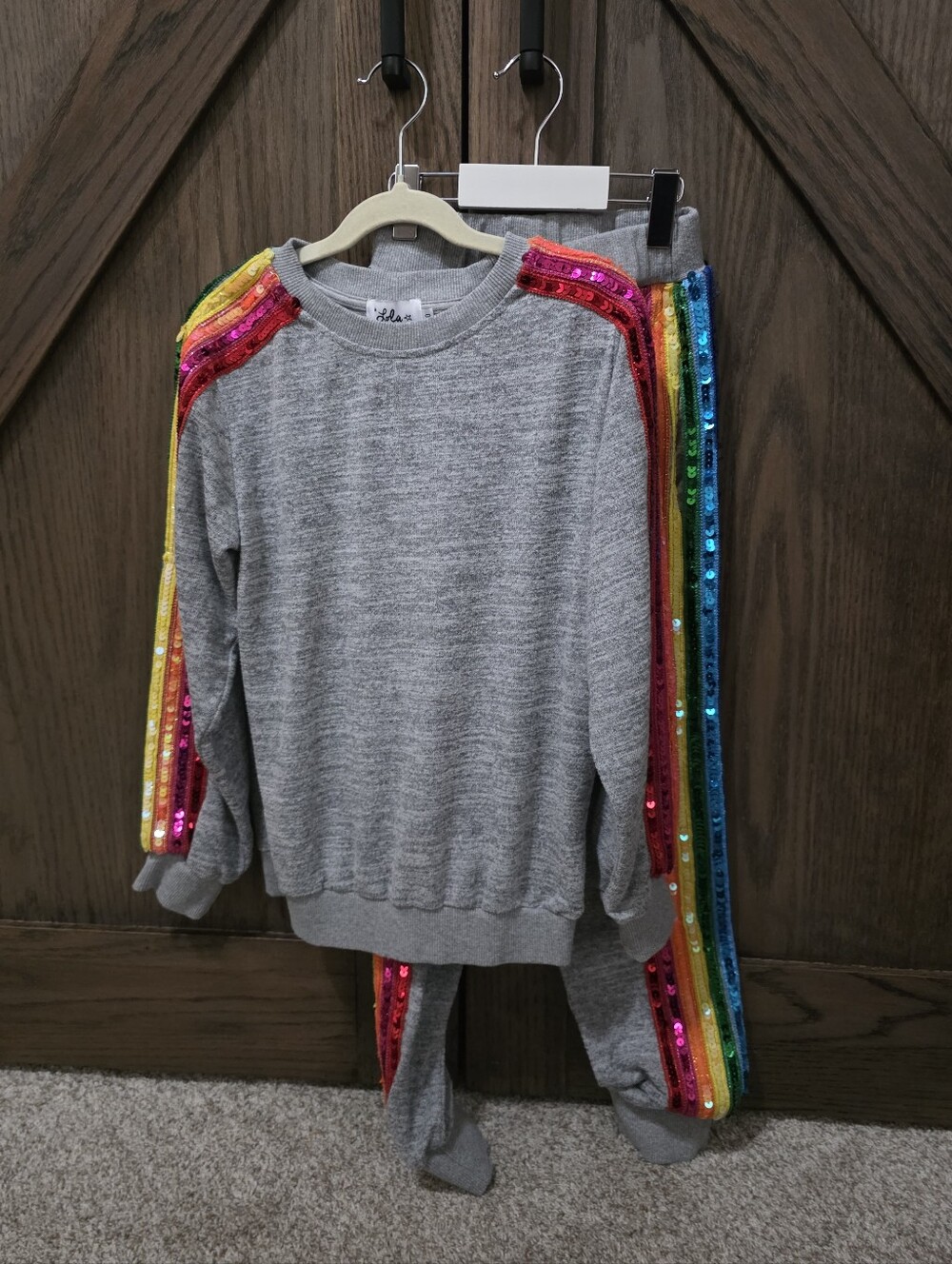 Lola + The Boys Gray Sweatshirt & Joggers with Rainbow Sequin Stripes